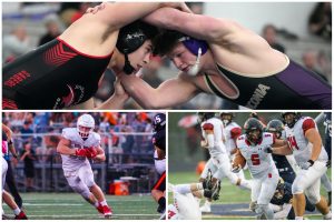 Athletes wrestling and playing football.