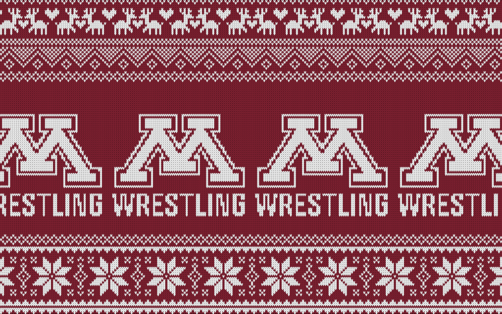 Minnesota wrestling logo on Christmas sweater background