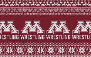 Minnesota wrestling logo on Christmas sweater background