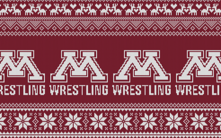 Minnesota wrestling logo on Christmas sweater background